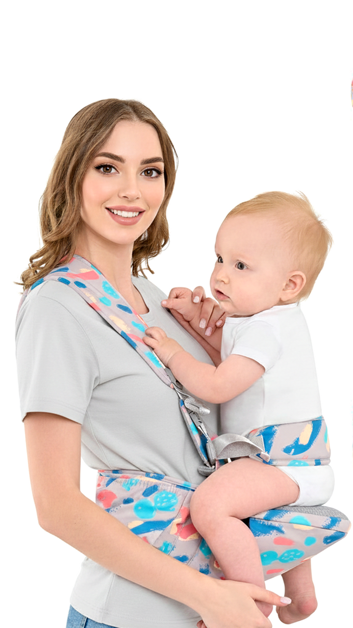 Baby carrier hip seat for newborn to 36 months, 25kg capacity. M type sitting, safety belt for baby. Wide waist belt with padding for mother and shoulder strap for lumbar support. No slip cushioned seat for longer duration.