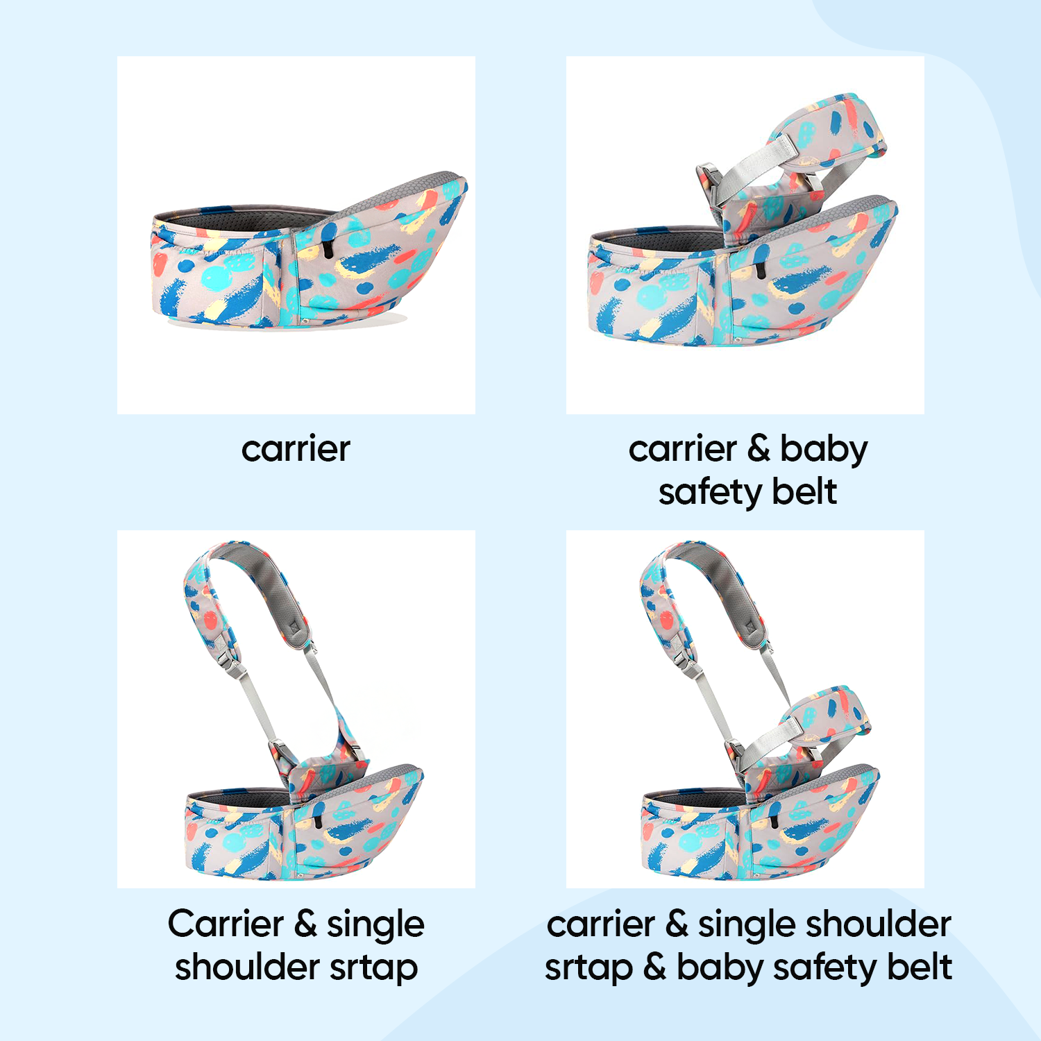 Angels & Mice Cuddle 4-in-1 Hip Seat Baby Carrier, Grey