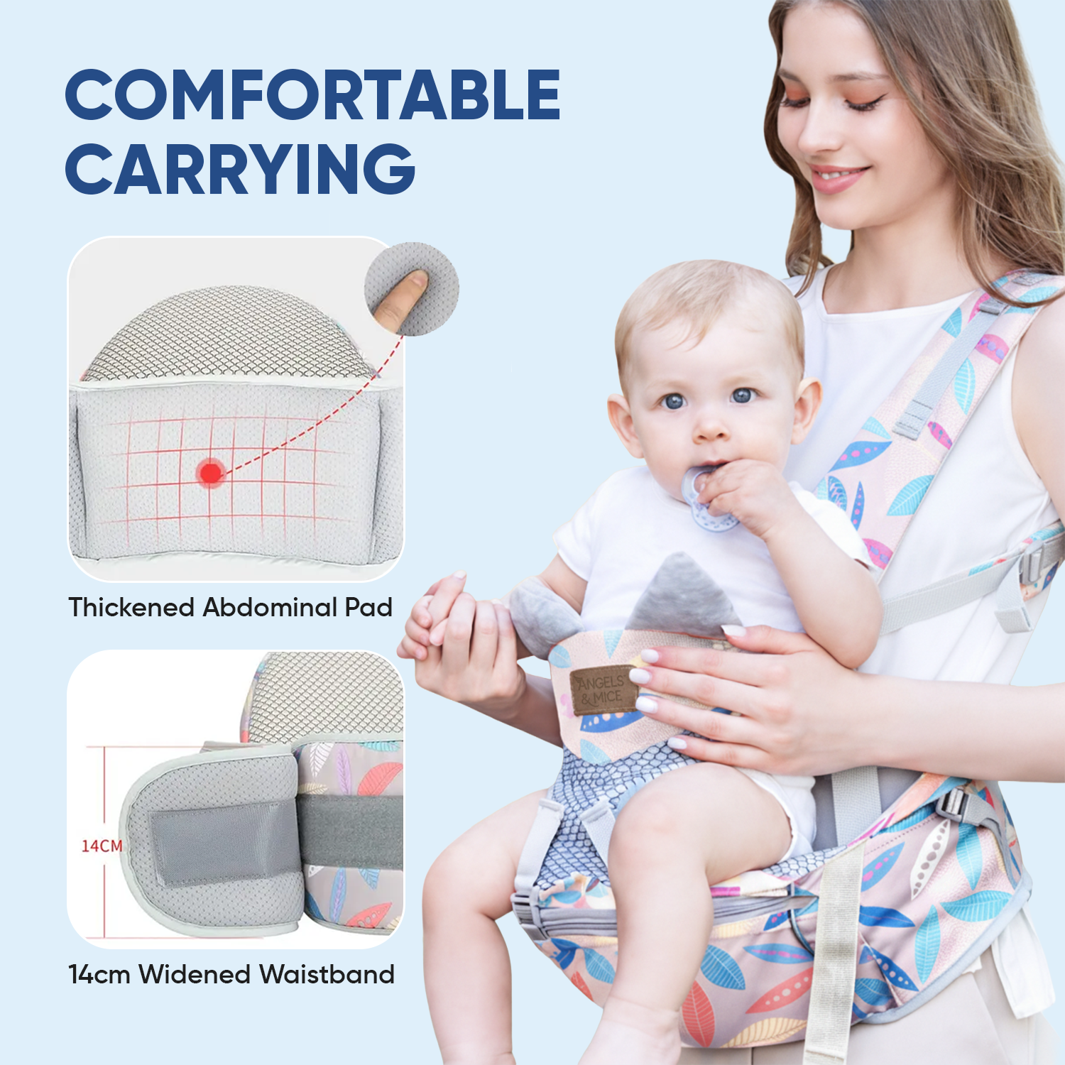Angels & Mice Comfort Hip Seat Baby Carrier with T Belt, Grey