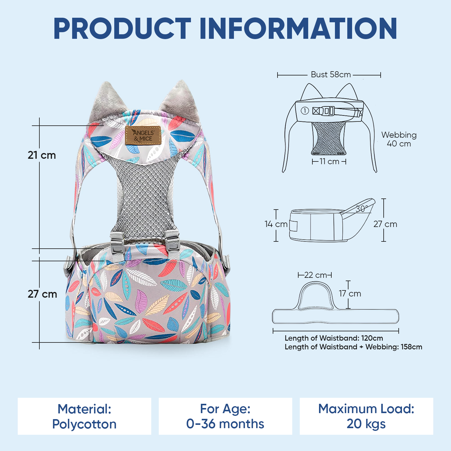 Angels & Mice Comfort Hip Seat Baby Carrier with T Belt, Grey