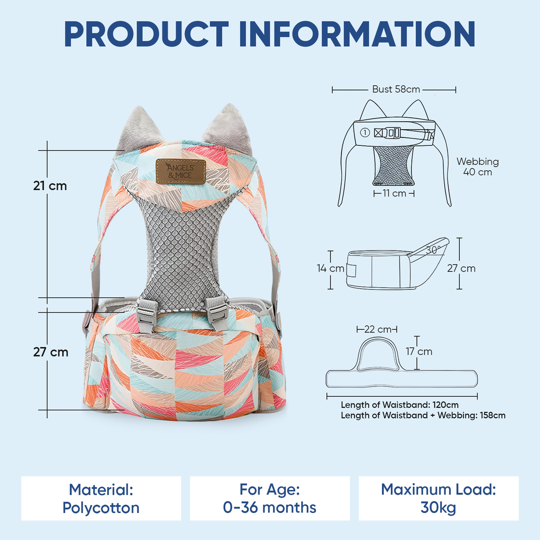 Angels & Mice Comfort Hip Seat Baby Carrier with T Belt, Pink & Blue