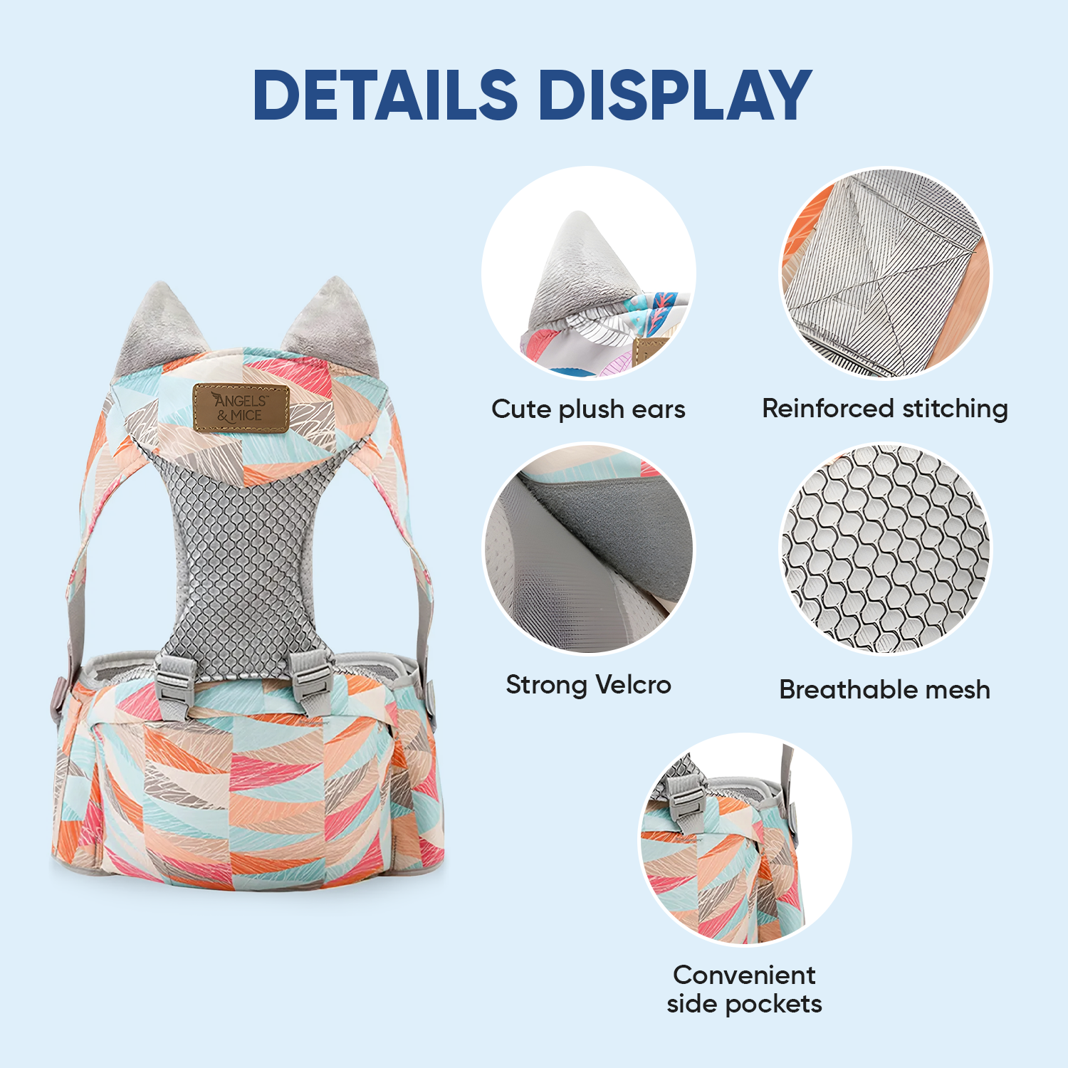 Angels & Mice Comfort Hip Seat Baby Carrier with T Belt, Pink & Blue