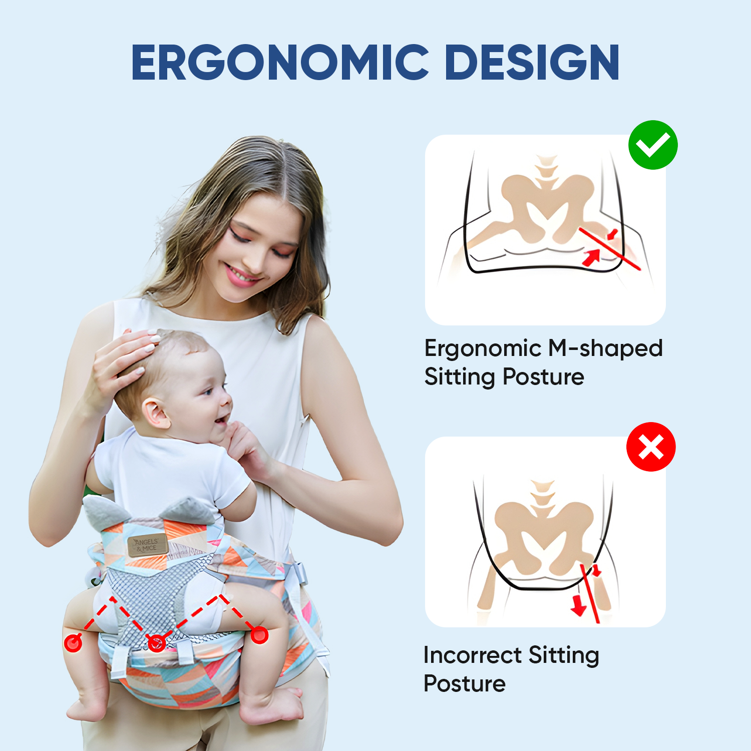 Angels & Mice Comfort Hip Seat Baby Carrier with T Belt, Pink & Blue