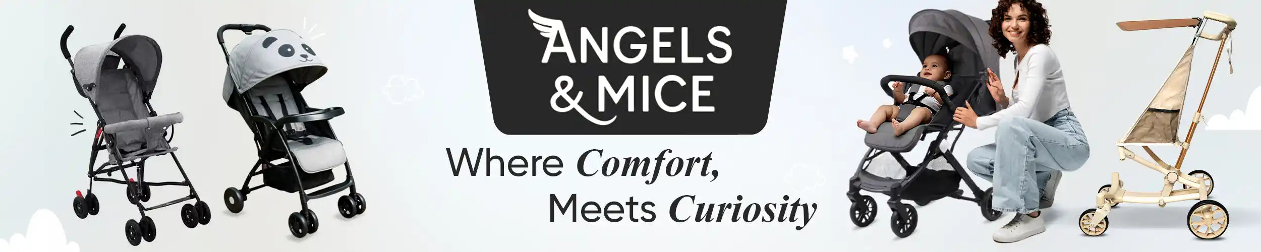 Angels & Mouse stroller with text 'Where Comfort Meets Curiosity' and a woman with a child in a stroller.
