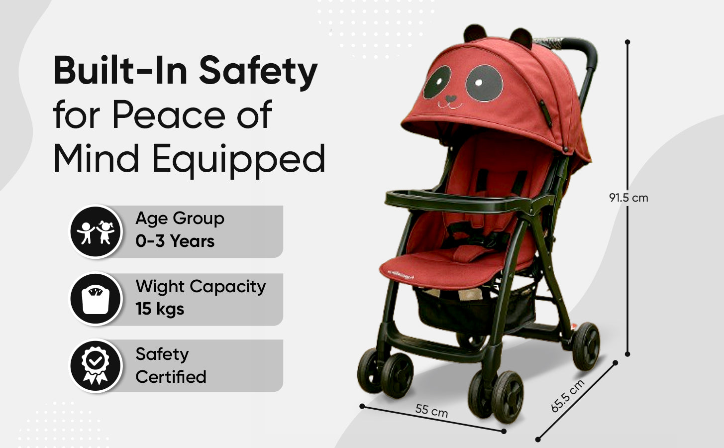 Red children's stroller with safety features and dimensions on a white background
