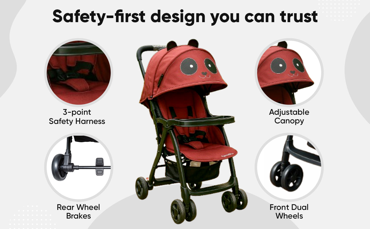 Red baby stroller with safety features highlighted on a white background