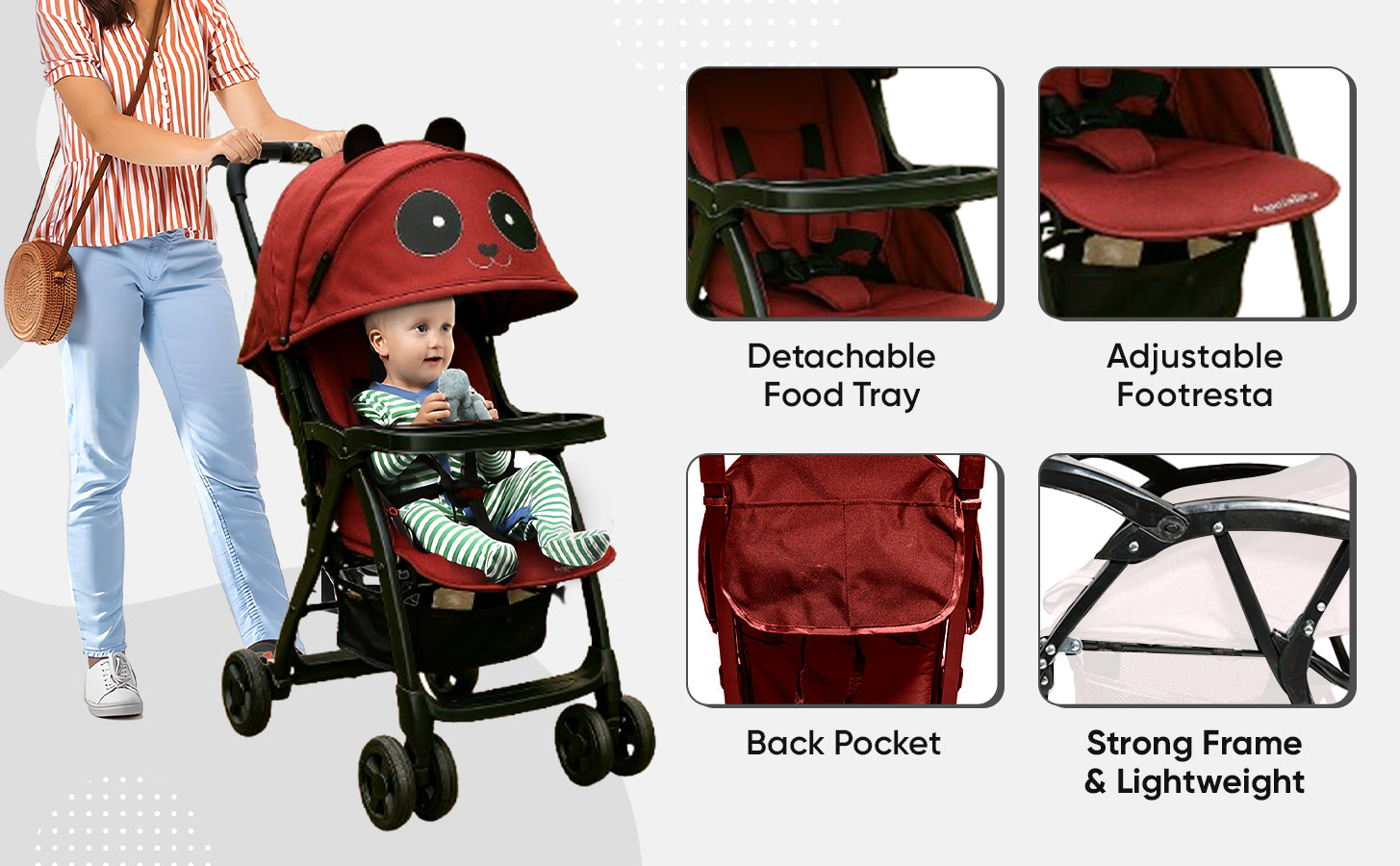 Red stroller with features highlighted on a white background