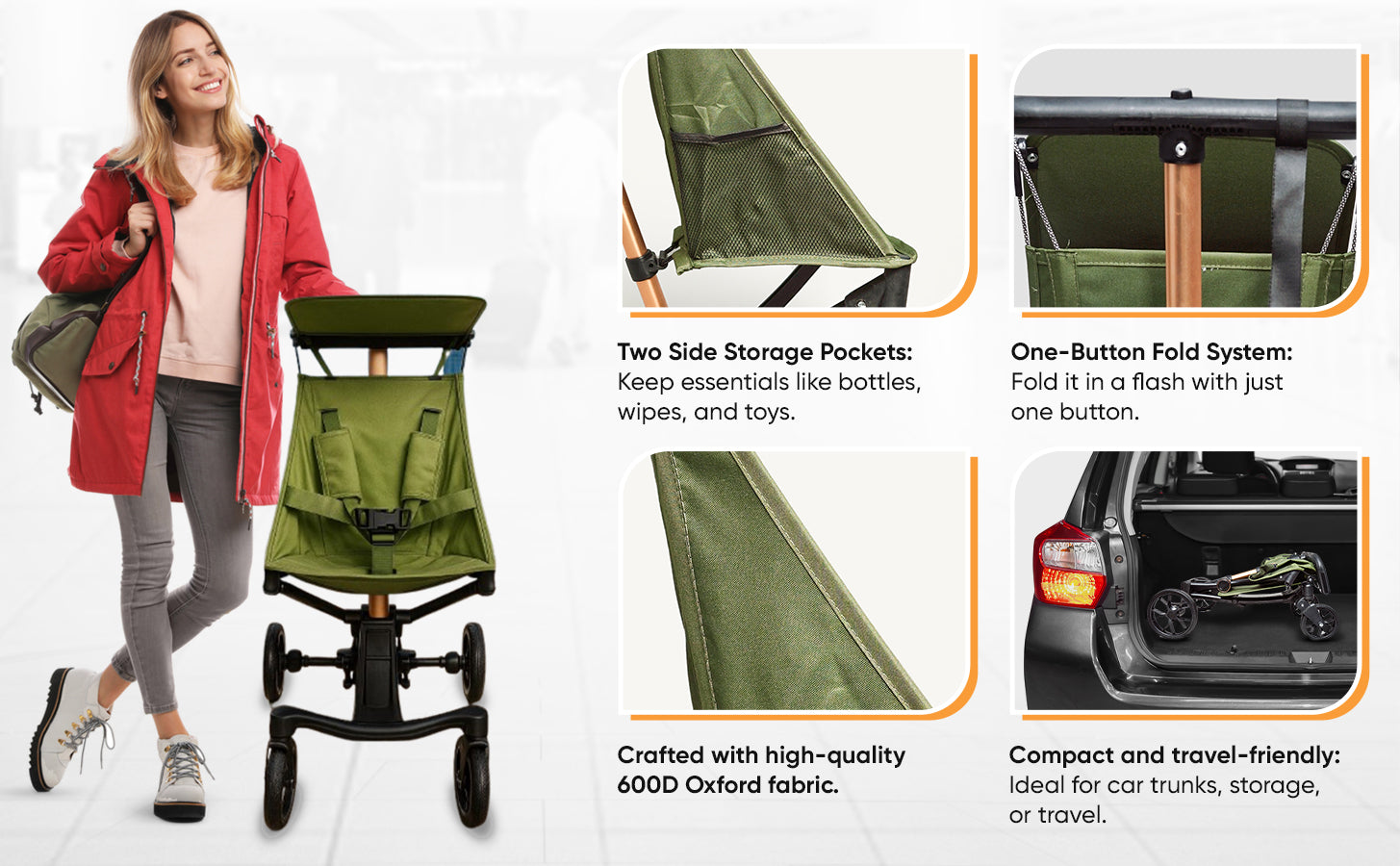 Green stroller with side storage pockets and one-button fold system, shown with a woman and car trunk.