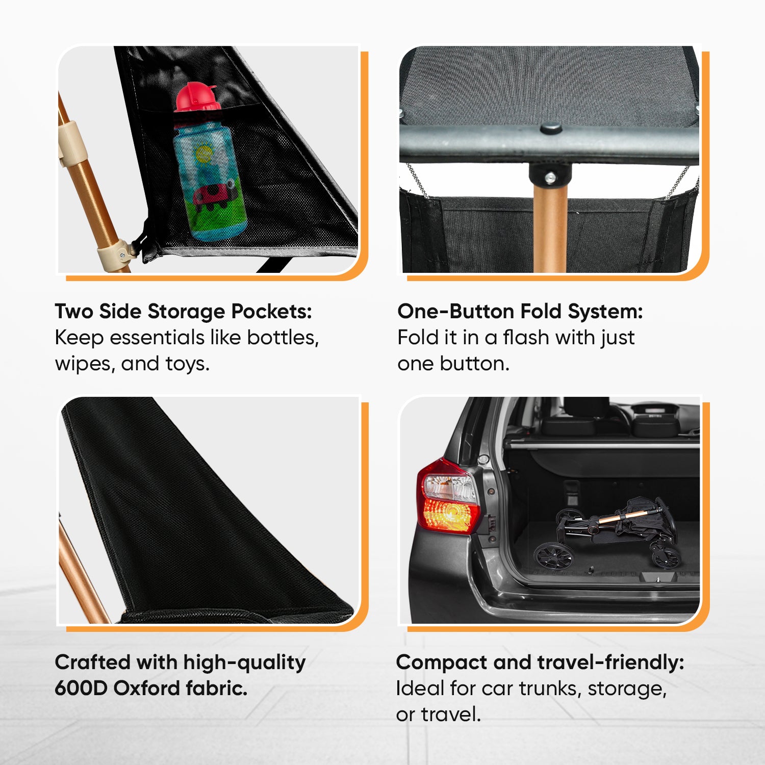 Stroller storage solution with side storage pockets and one-button fold system, shown in use.