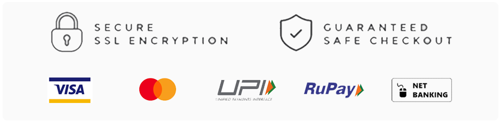 Logos of secure payment methods including SSL encryption, safe checkout, Visa, Mastercard, UPI, RuPay, and Net Banking on a white background.